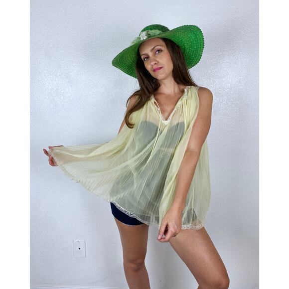 vintage 60s Pastel Yellow PLEATED FLOATY CAMISOLE Sm/Med/Lg sheer lingerie slip - Picture 2 of 10